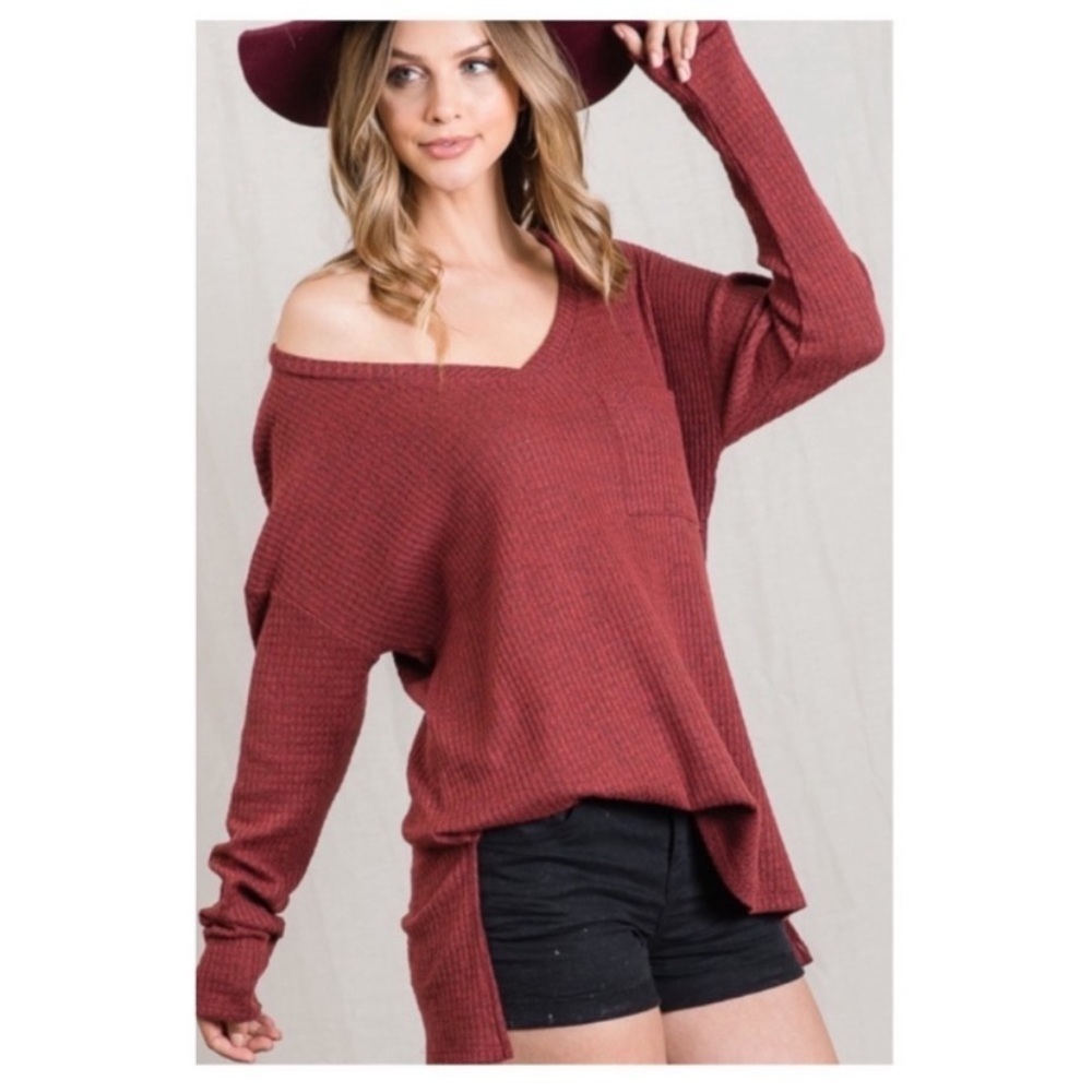 New Waffled Brushed V Neck Long Sleeve Women’s Casual Top